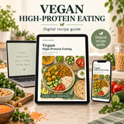 Vegan High-Protein Eating digital guide on tablet and smartphone beside a laptop, with pulses and vegetables on a kitchen counter