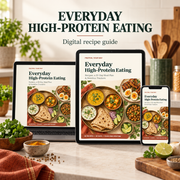 Everyday High-Protein Eating digital recipe guide displayed on a laptop, tablet and smartphone in a warm kitchen