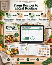 Printable high-protein meal planning pack with weekly planning and grocery worksheets
