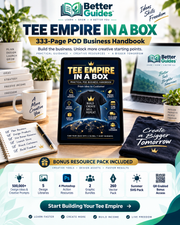 Tee Empire in a Box POD business roadmap with handbook mockup and 500,000+ design ideas bonus resource pack