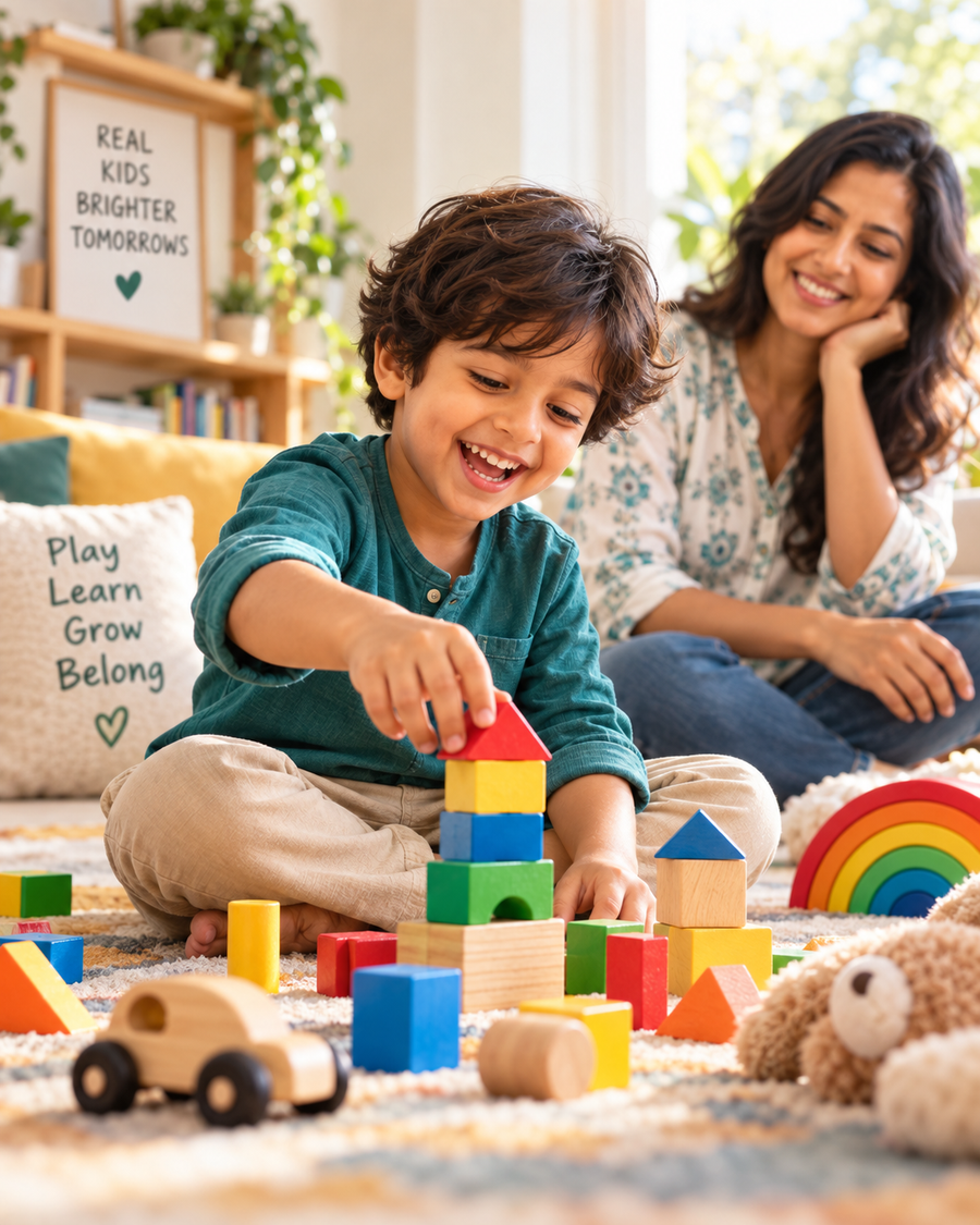 Child enjoying screen-free block play with a supportive parent