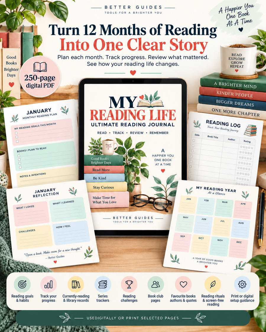 12-month reading planner with monthly logs, reading goals, reflections and year-end review