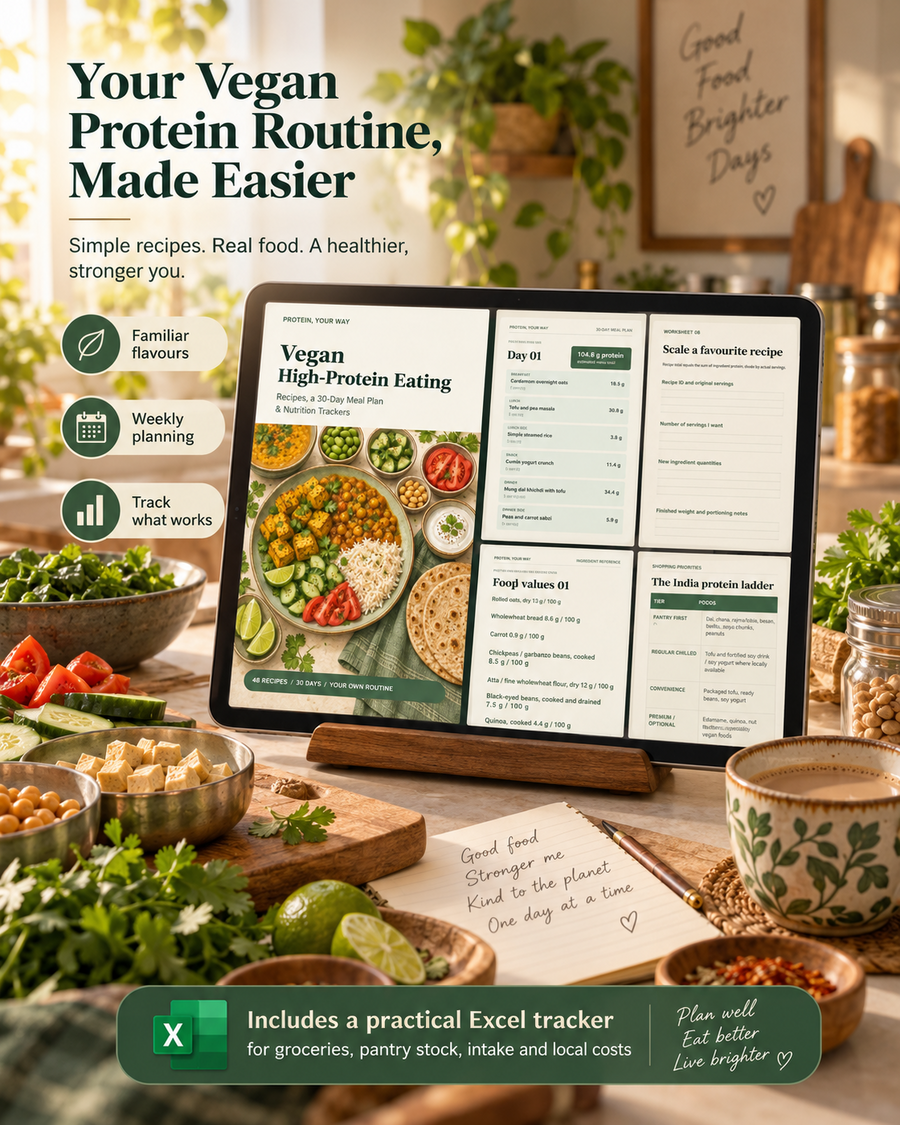 Vegan protein routine guide in a home kitchen highlighting weekly planning, familiar flavours and Excel tracking