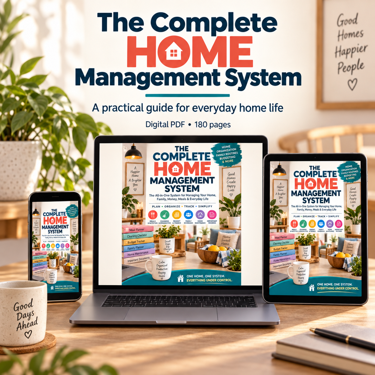 The Complete Home Management System digital guide displayed on laptop, tablet and smartphone at a home table