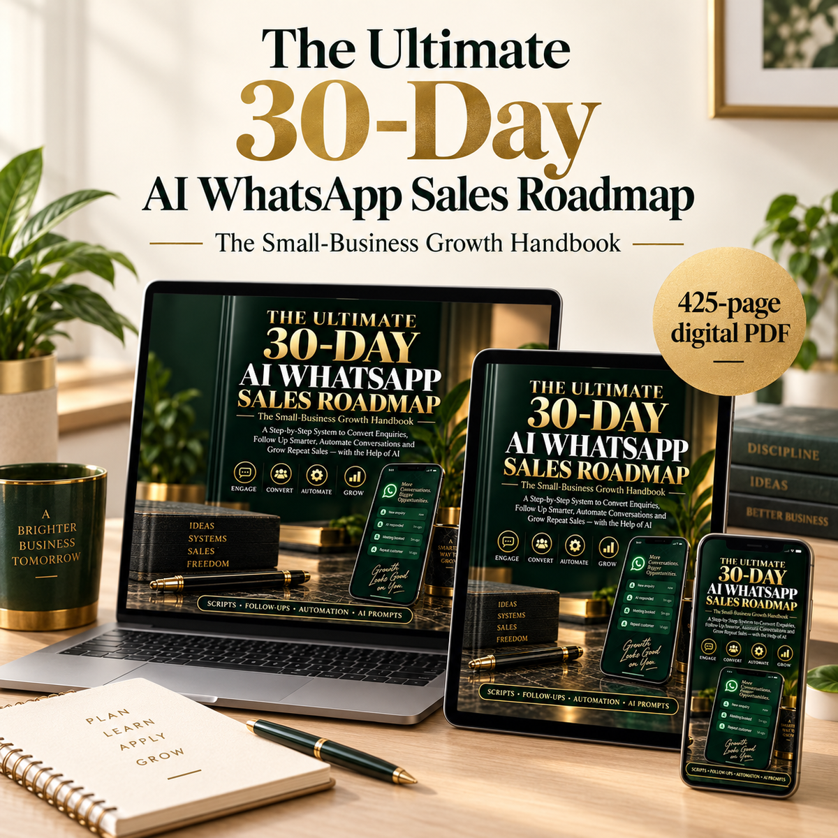 The Ultimate 30-Day AI WhatsApp Sales Roadmap digital handbook on laptop, tablet and smartphone