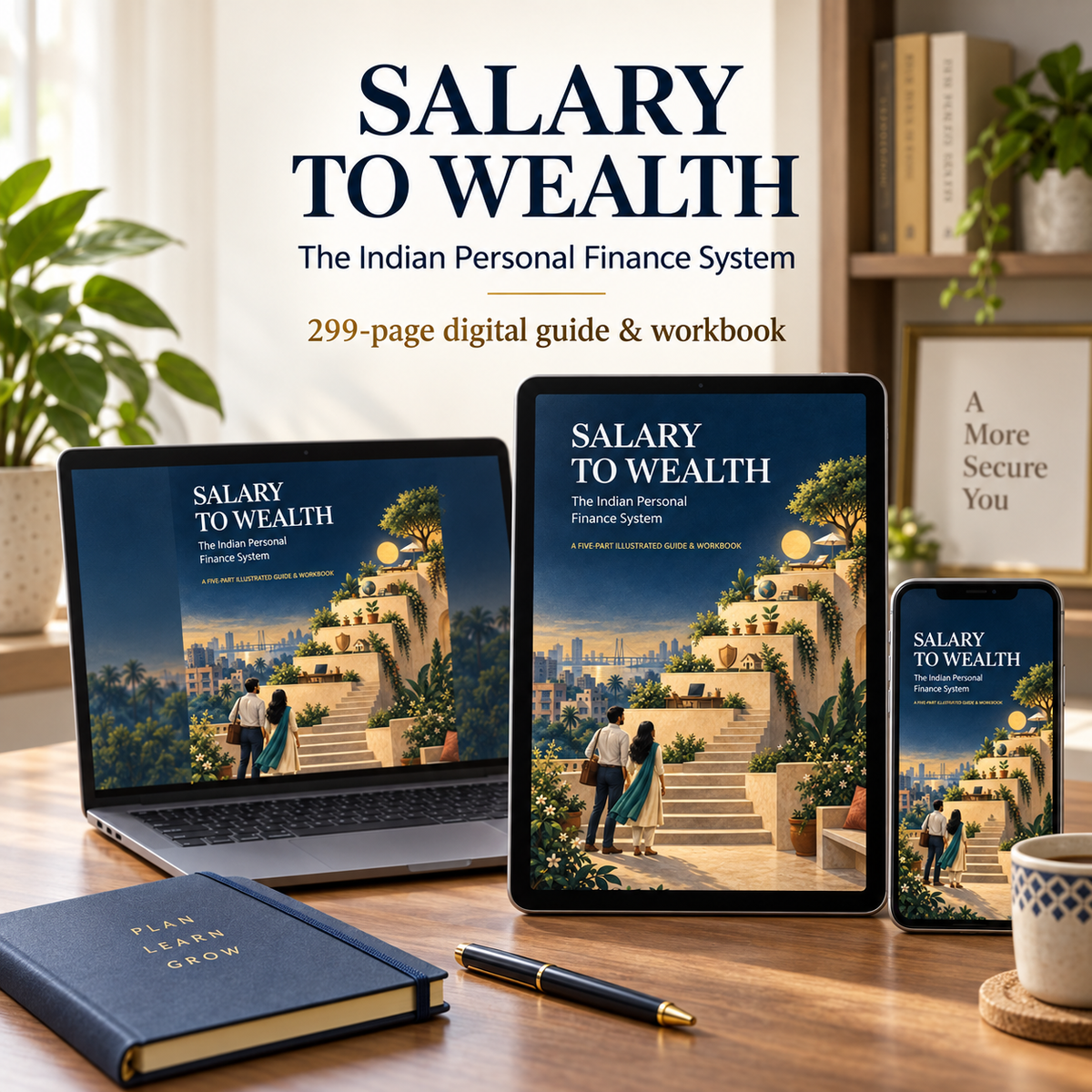Salary to Wealth digital guide displayed on laptop, tablet and smartphone on a home-office desk