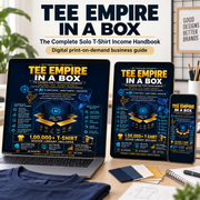 Tee Empire in a Box digital handbook shown on laptop, tablet and smartphone beside T-shirt design props