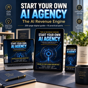 Start Your Own AI Agency digital guide shown on laptop, tablet and smartphone in a professional workspace