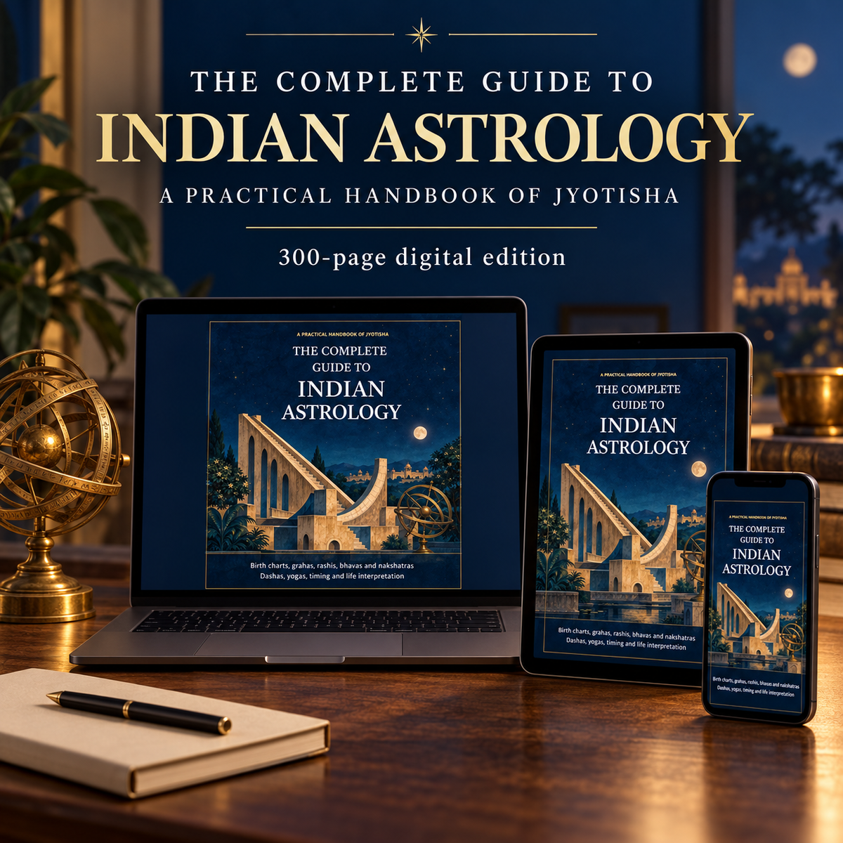 The Complete Guide to Indian Astrology shown on laptop, tablet and smartphone