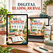 My Reading Life digital reading journal displayed on a tablet, laptop and smartphone in a cosy reading nook