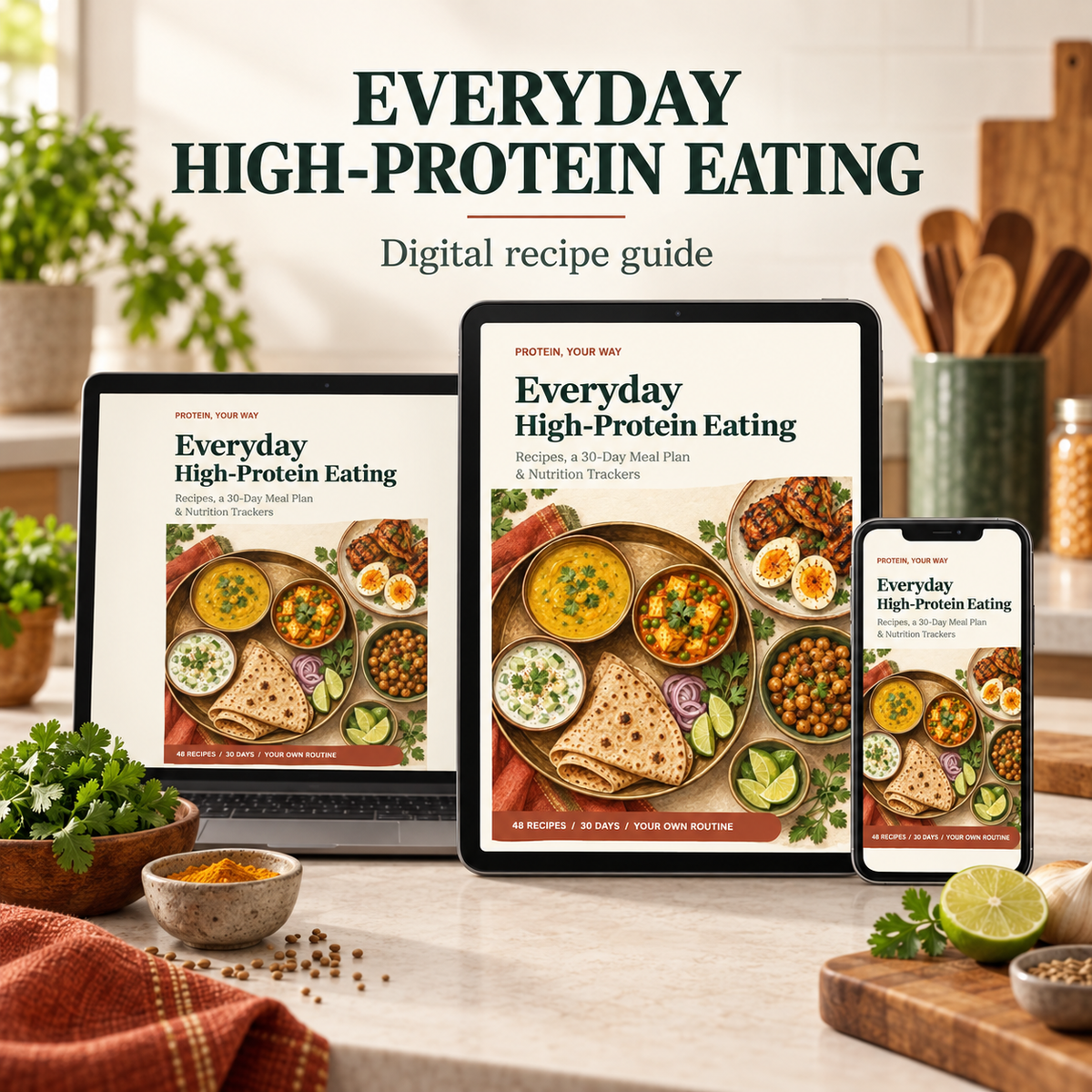 Everyday High-Protein Eating digital recipe guide displayed on a laptop, tablet and smartphone in a warm kitchen