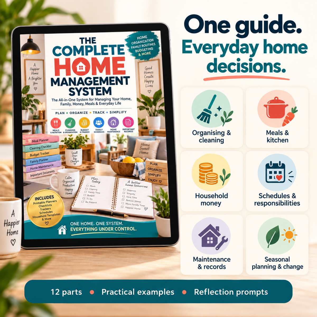 Home Management guide contents: organising, meals, money, schedules, maintenance and seasonal planning
