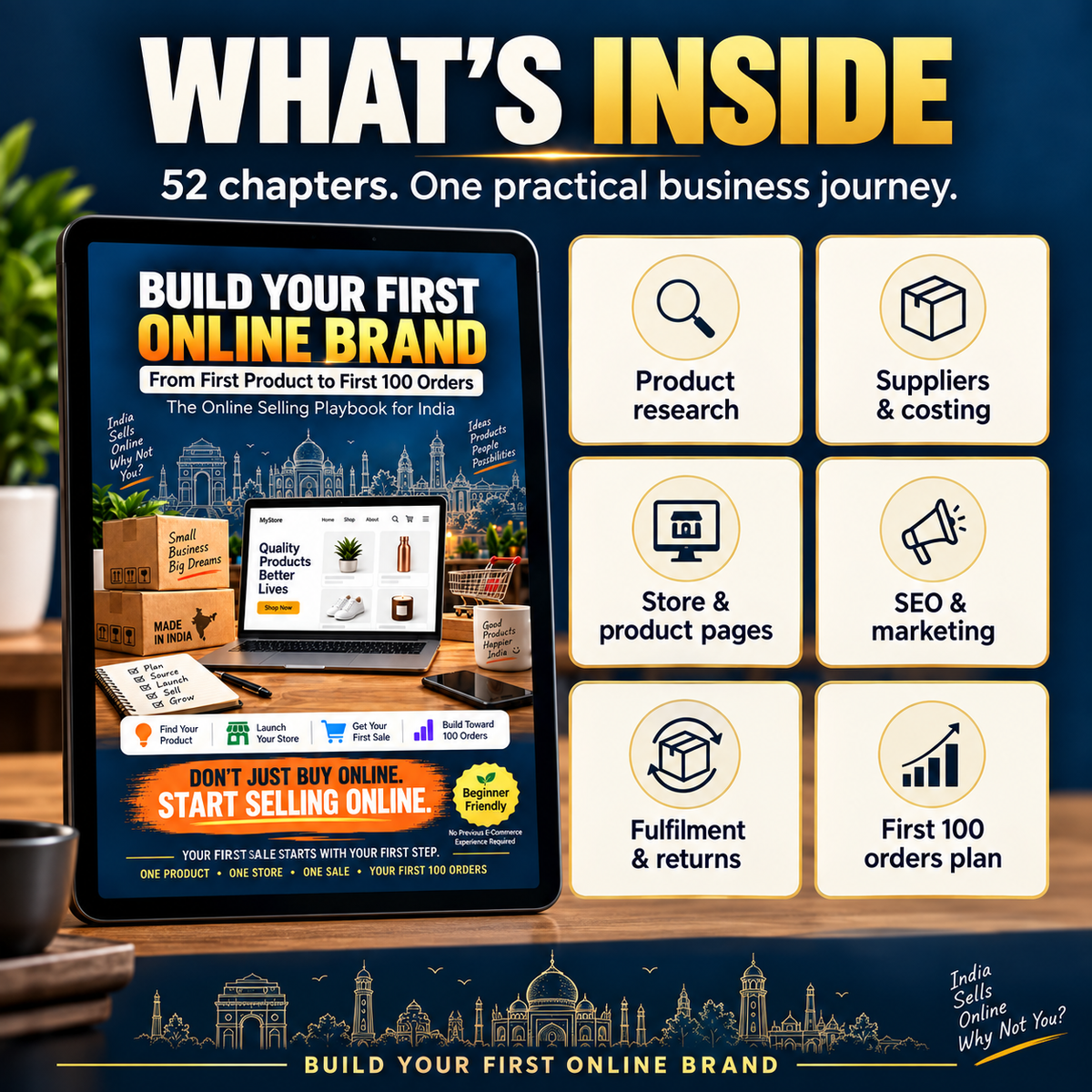 52-chapter India ecommerce guide covering product research, suppliers, stores, marketing and operations