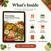 Contents of Everyday High-Protein Eating: 48 recipes, a 30-day example meal plan, weekly preparation, grocery quantities, 18 worksheets and India budget guide