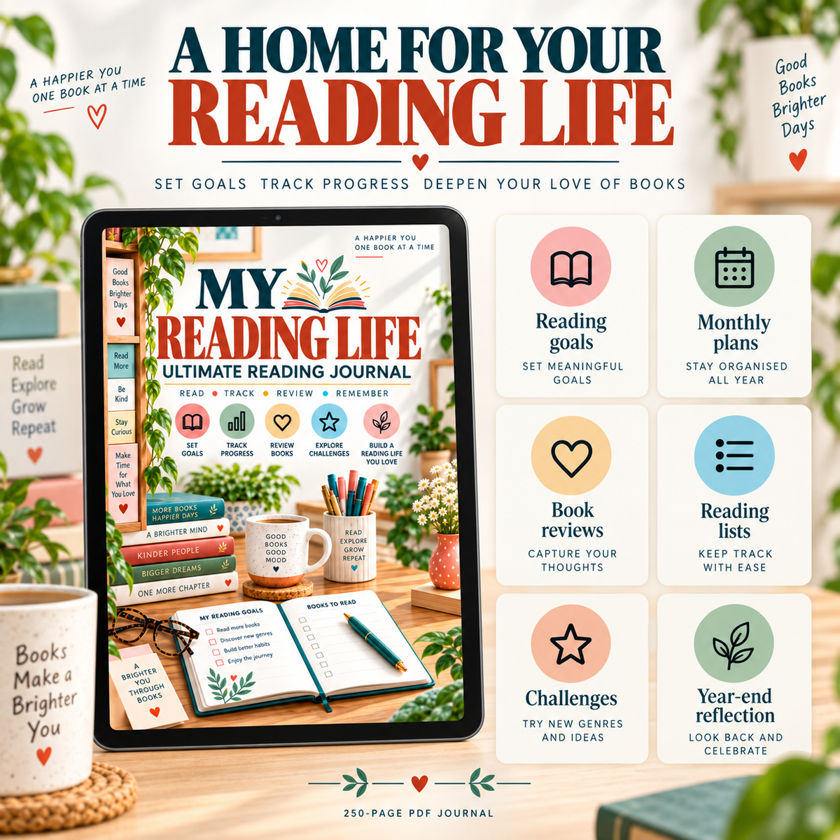 My Reading Life contents overview: reading goals, monthly plans, book reviews, reading lists, challenges and year-end reflections