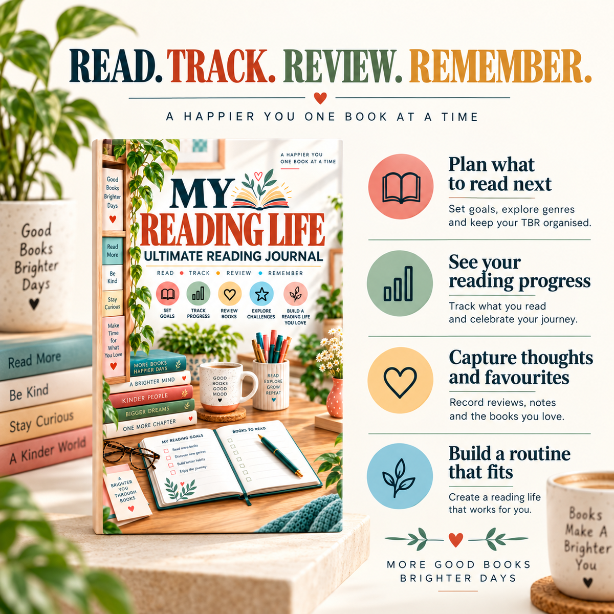 Four reading journal benefits: plan your next books, track progress, capture thoughts and favourites, and build a reading routine