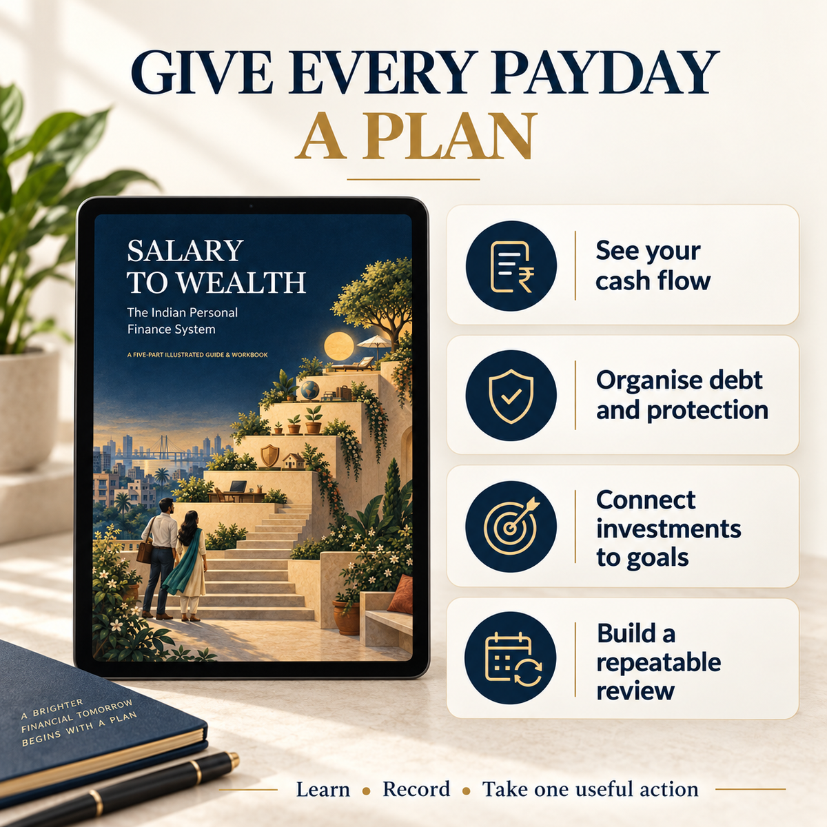Salary to Wealth benefits: understand cash flow, organise debt and protection, connect investments to goals and build reviews