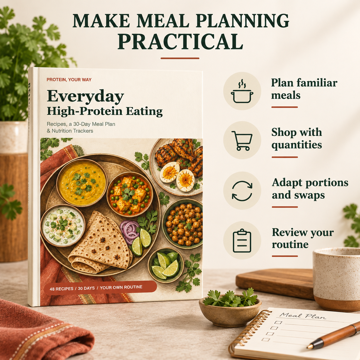 Four benefits of Everyday High-Protein Eating: plan familiar meals, shop with quantities, adapt portions and swaps, and review your routine