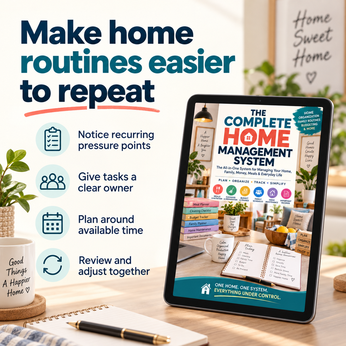 Home Management guide benefits: identify pressure points, assign tasks, plan time and review routines