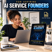 Freelancer working at a laptop beside a tablet displaying Start Your Own AI Agency