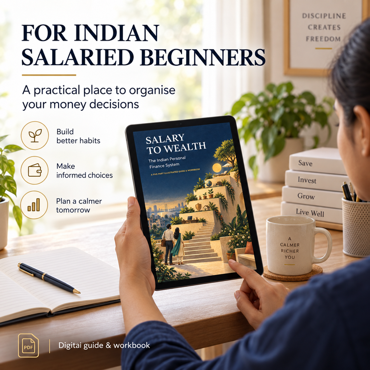 Indian salaried reader consulting Salary to Wealth on a tablet beside a notebook at home