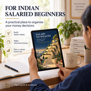 Indian salaried reader consulting Salary to Wealth on a tablet beside a notebook at home