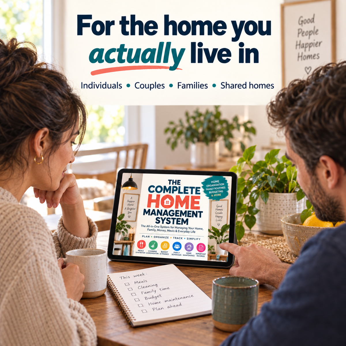 Two adults discussing household routines while consulting The Complete Home Management System on a tablet