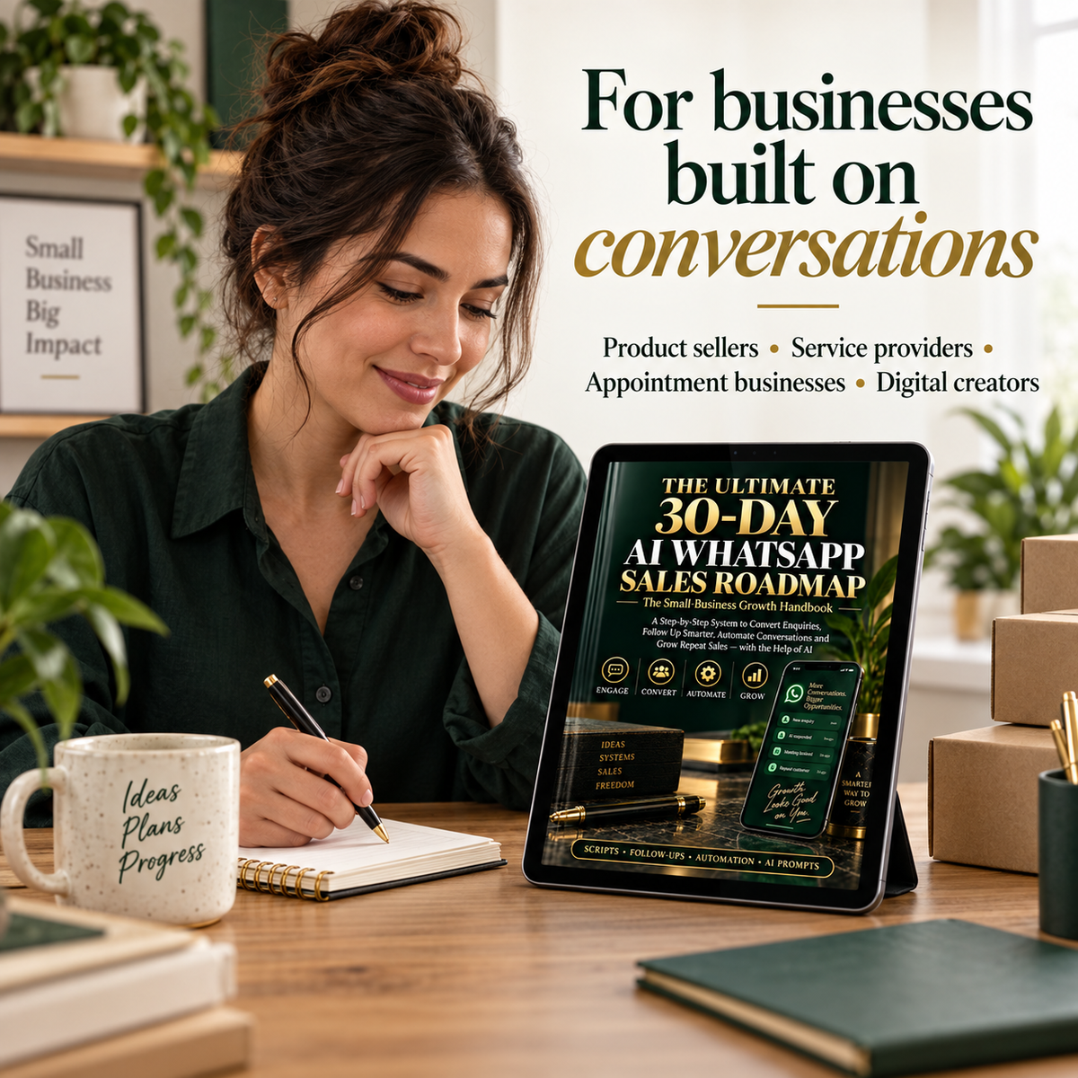 Small-business owner taking notes while consulting the AI WhatsApp Sales Roadmap on a tablet