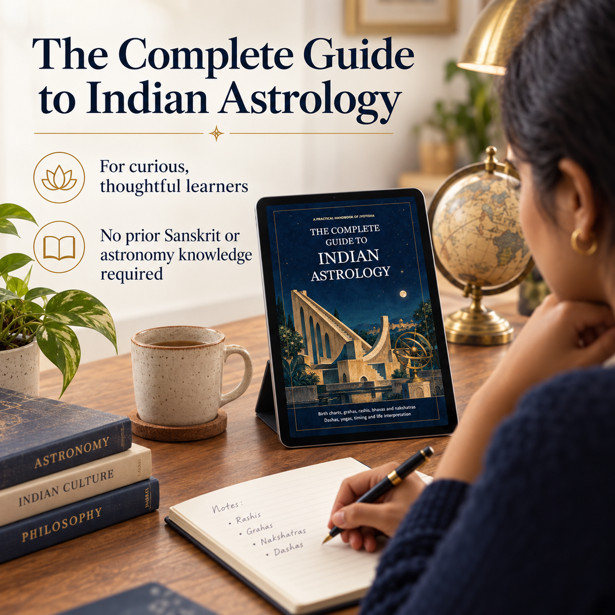 Adult learner studying The Complete Guide to Indian Astrology on a tablet