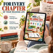 Reader holding My Reading Life on a tablet, with prompts for building a reading habit, recording books and reflecting with a book club