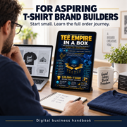 Solo designer consulting Tee Empire in a Box on a tablet at a home workspace
