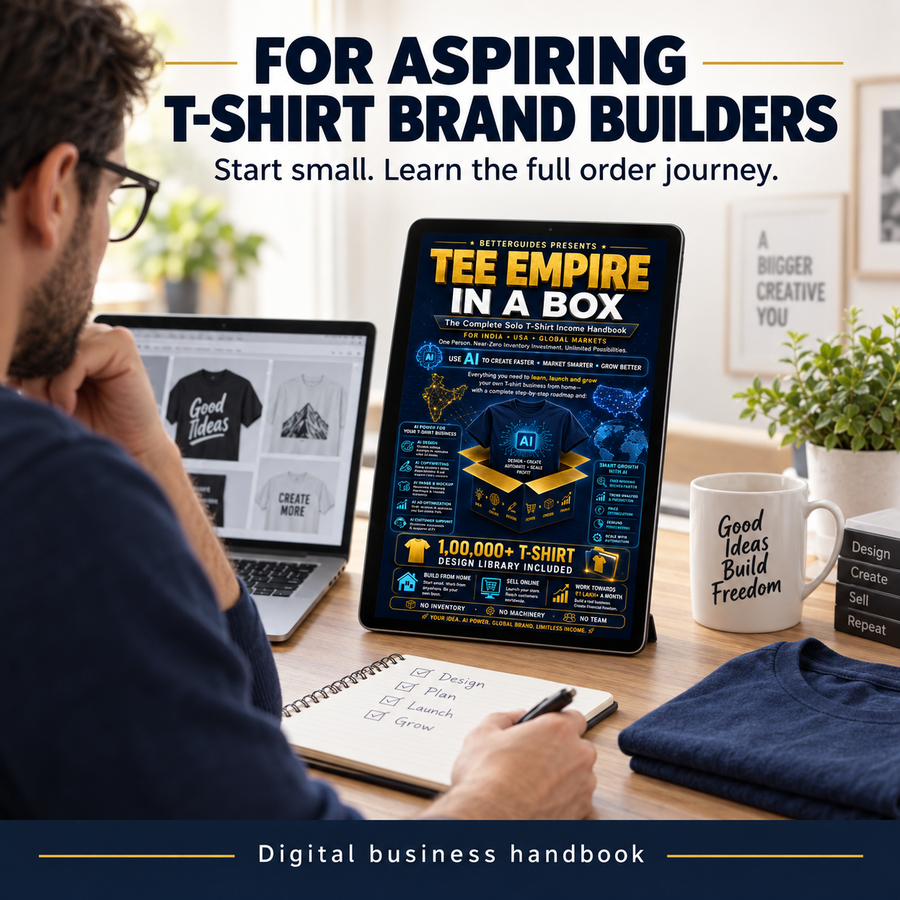 Solo designer consulting Tee Empire in a Box on a tablet at a home workspace