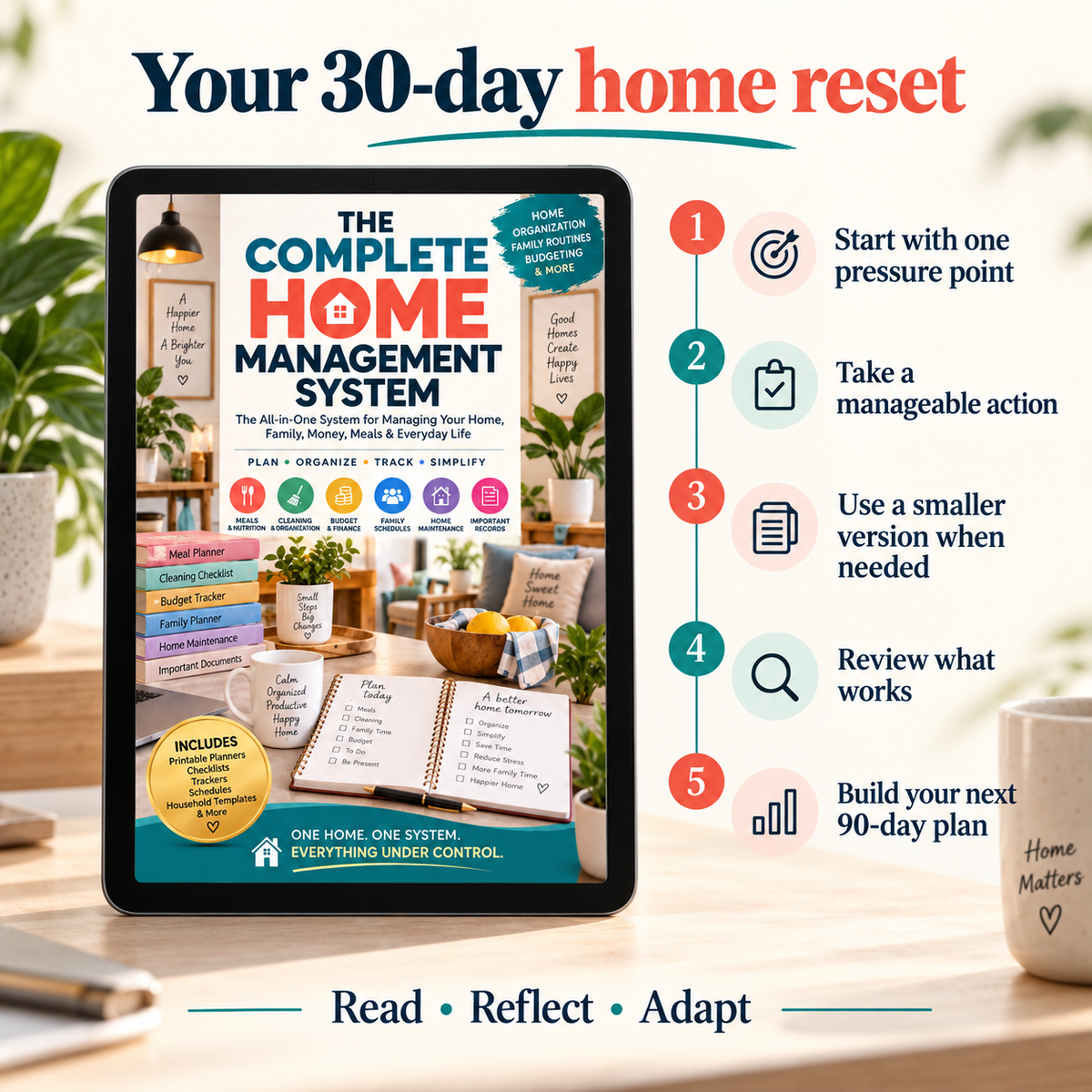 Home Management guide flexible 30-day reset journey with small actions, review and a 90-day follow-on plan
