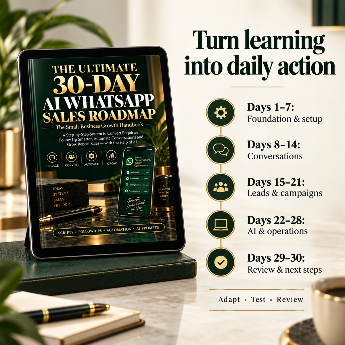 AI WhatsApp Sales Roadmap daily plan across foundation, conversations, campaigns, operations and final review