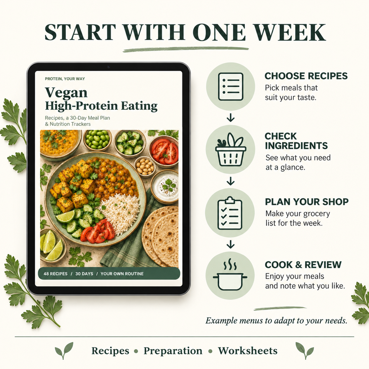 Vegan High-Protein Eating weekly routine: choose recipes, check ingredients, plan your shop, and cook and review
