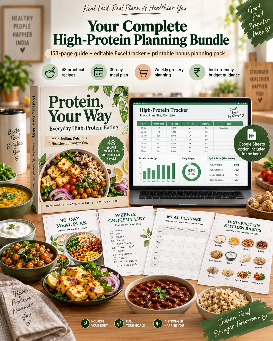 Everyday High-Protein Eating digital bundle with recipe guide, Excel tracker and printable planning pack