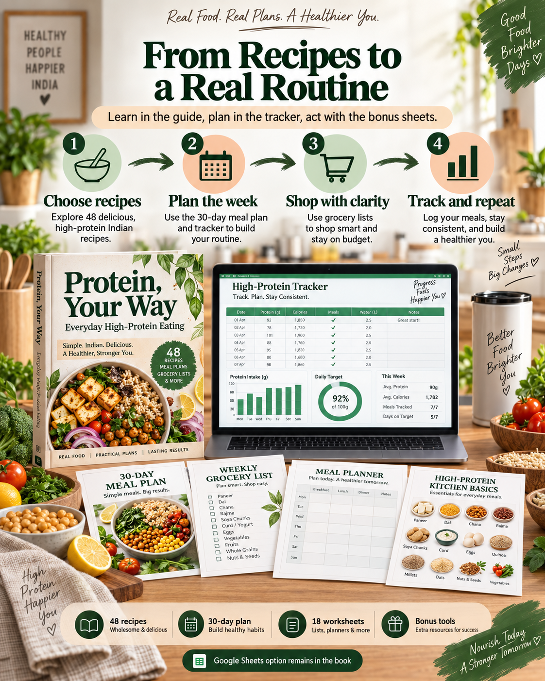 Printable high-protein meal planning pack with weekly planning and grocery worksheets