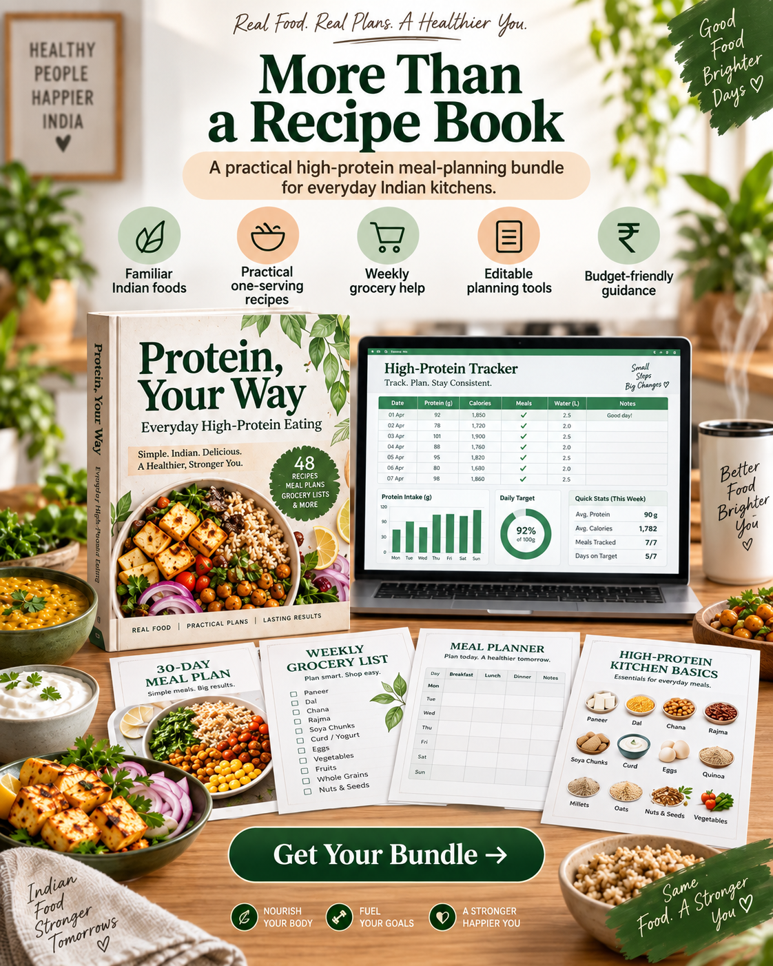 Everyday High-Protein Eating digital bundle for practical meal planning on laptop and tablet