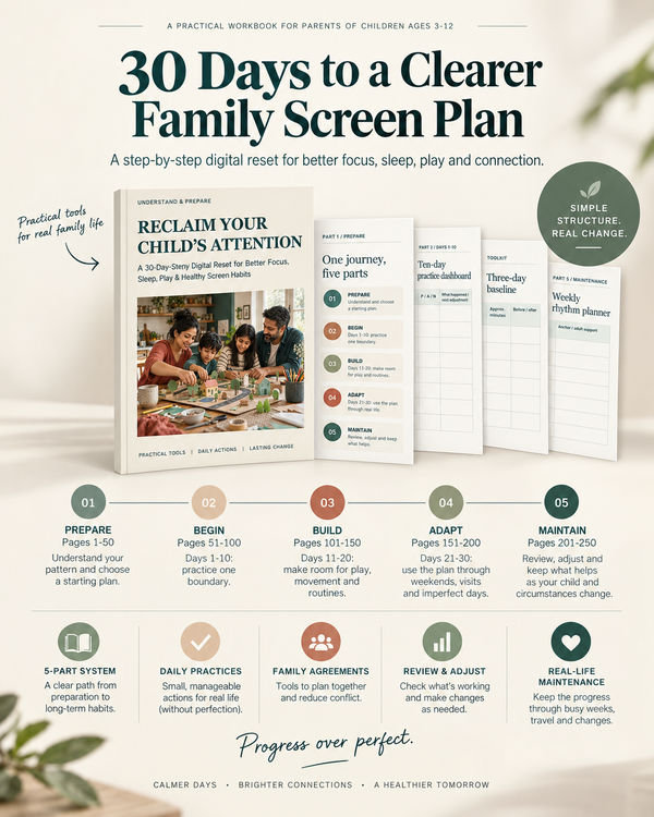 30-day family screen time reset with five-part plan from preparation through long-term maintenance
