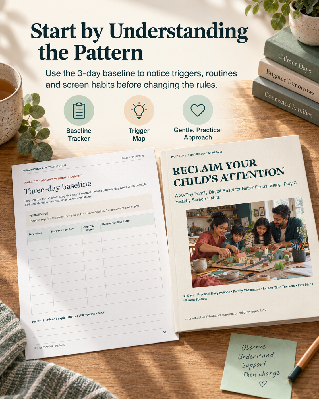 Three-day screen-time baseline and trigger tracking tools to understand family media patterns before changing rules