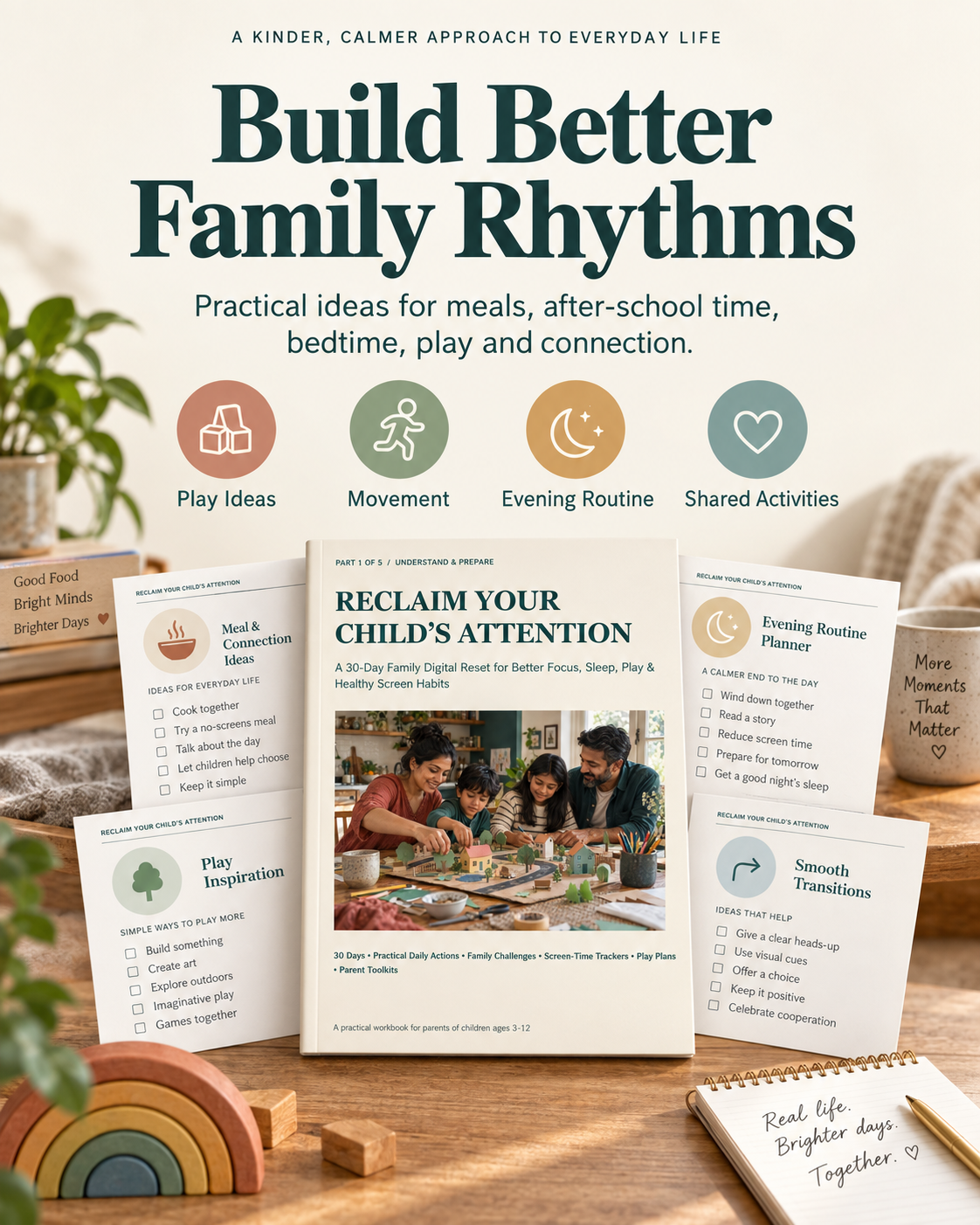 Family screen routine workbook with play, movement, evening routine and shared activity planning ideas
