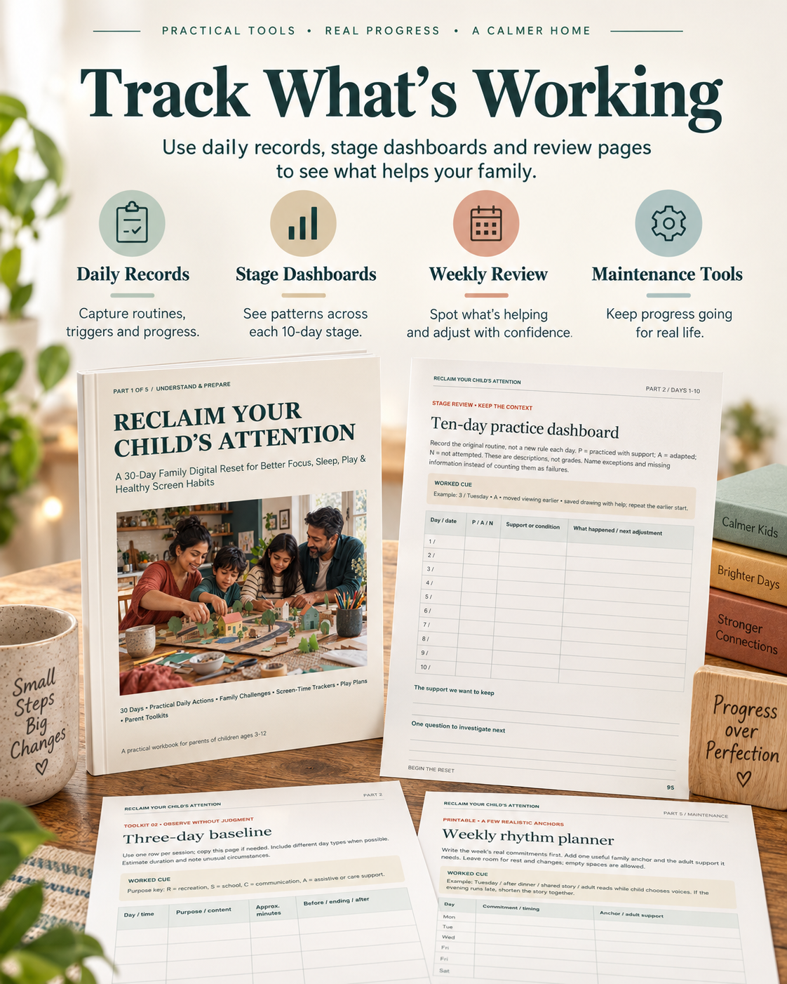 Daily records, stage dashboards and review pages for tracking what works in a family screen-time reset
