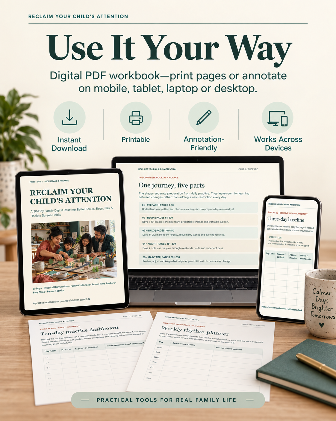 Printable and annotation-friendly digital screen time workbook for mobile, tablet, laptop and desktop