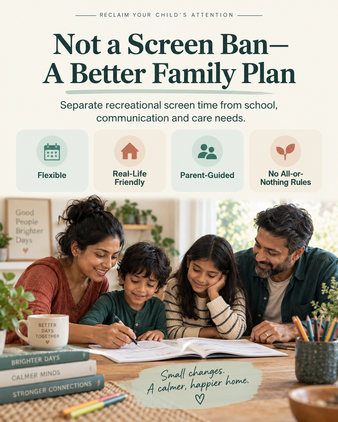 Parent-guided family screen plan that separates recreational screen time from school, communication and care needs