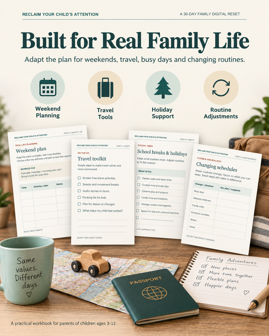Real-life family screen planning tools for weekends, travel, holidays and changing routines