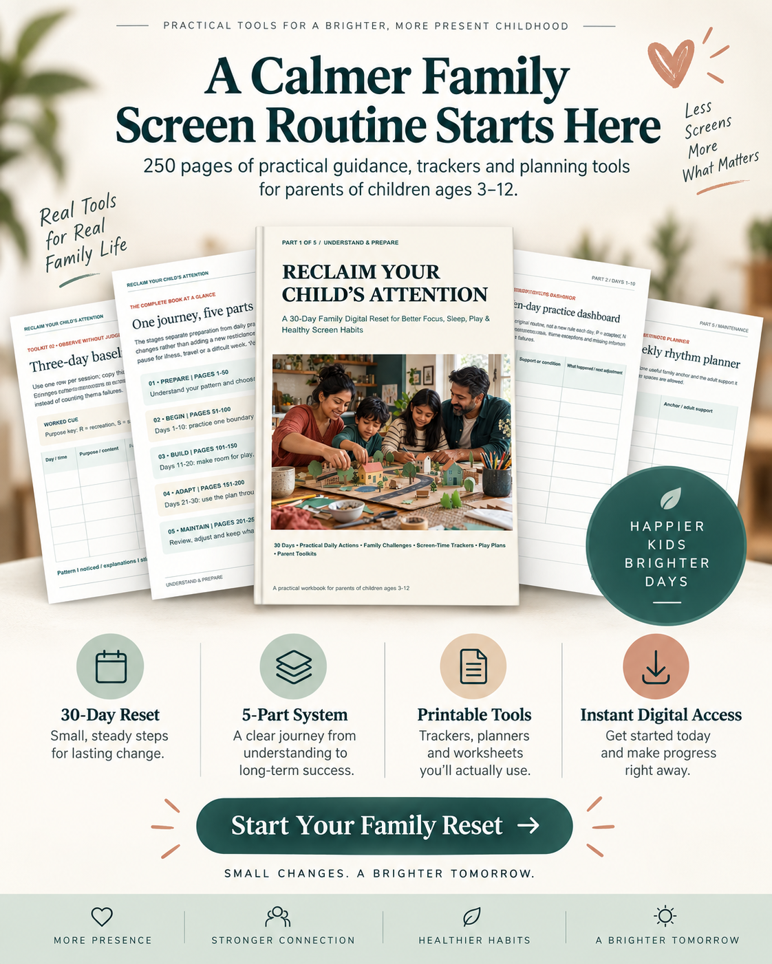 250-page family screen time workbook with 30-day reset, printable tools and five-part maintenance system