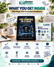 What is included in Tee Empire in a Box: POD business handbook, 500,000+ design ideas and creative bonus resources
