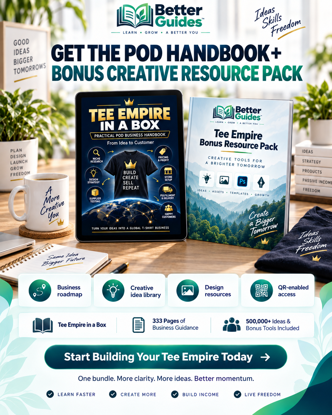 Tee Empire in a Box POD handbook and bonus creative resource pack for building a T-shirt business from idea to customer