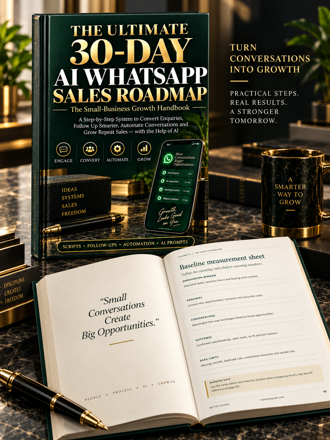 Hardcover mockup of The Ultimate 30-Day AI WhatsApp Sales Roadmap with the baseline measurement worksheet open