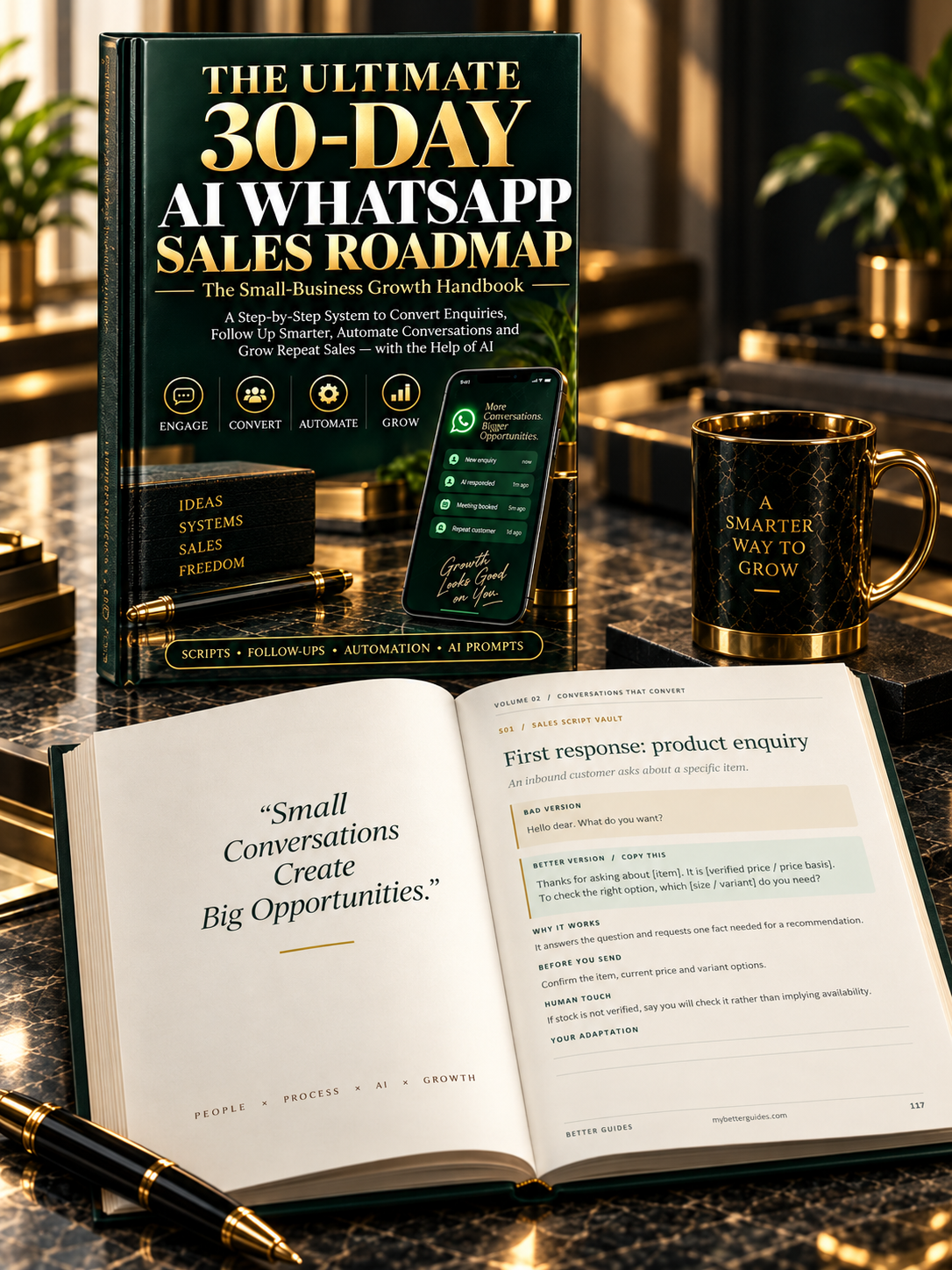 Hardcover mockup of The Ultimate 30-Day AI WhatsApp Sales Roadmap with the Sales Script Vault first-response page open